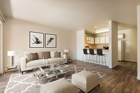 a living room with a couch and a glass table